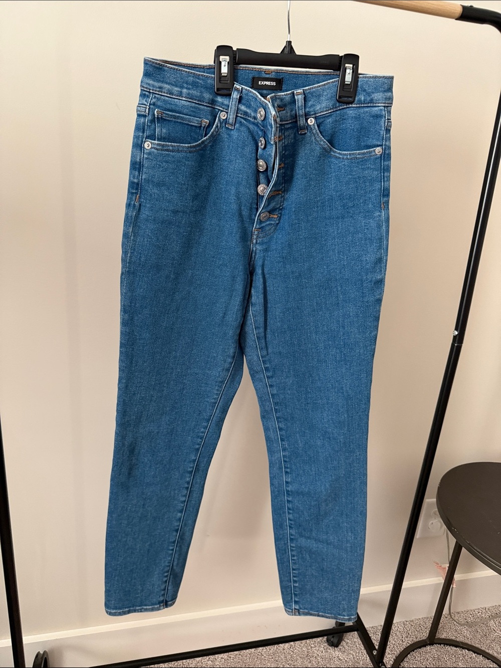 Express High-Rise Button-Fly Slim Straight Denim Jeans in Medium Blue